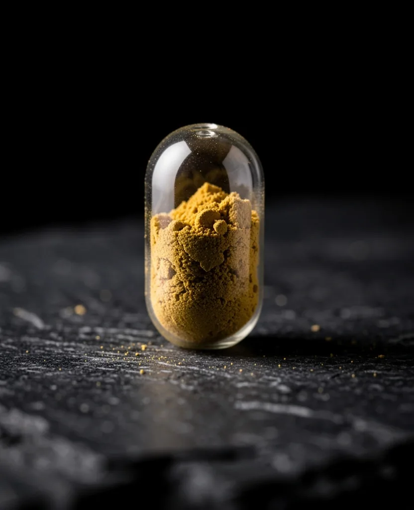 A clear capsule filled with golden botanical powder on a dark surface