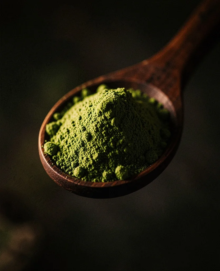 Botanical powder on a wooden spoon