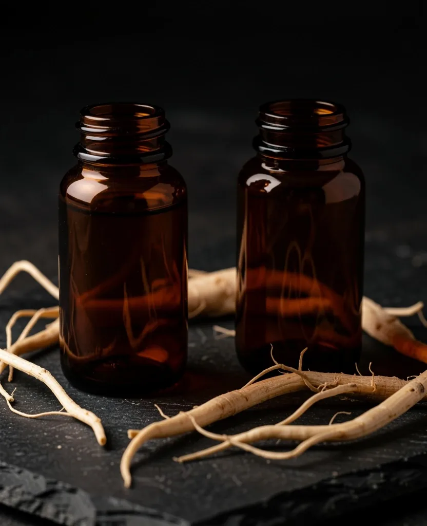 Natural supplement bottles arranged on dark surface
