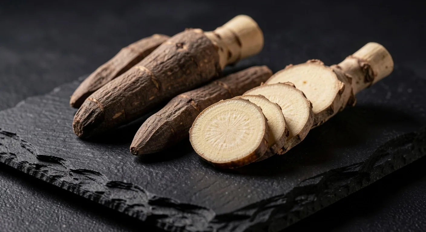Botanical root ingredients on a dark surface