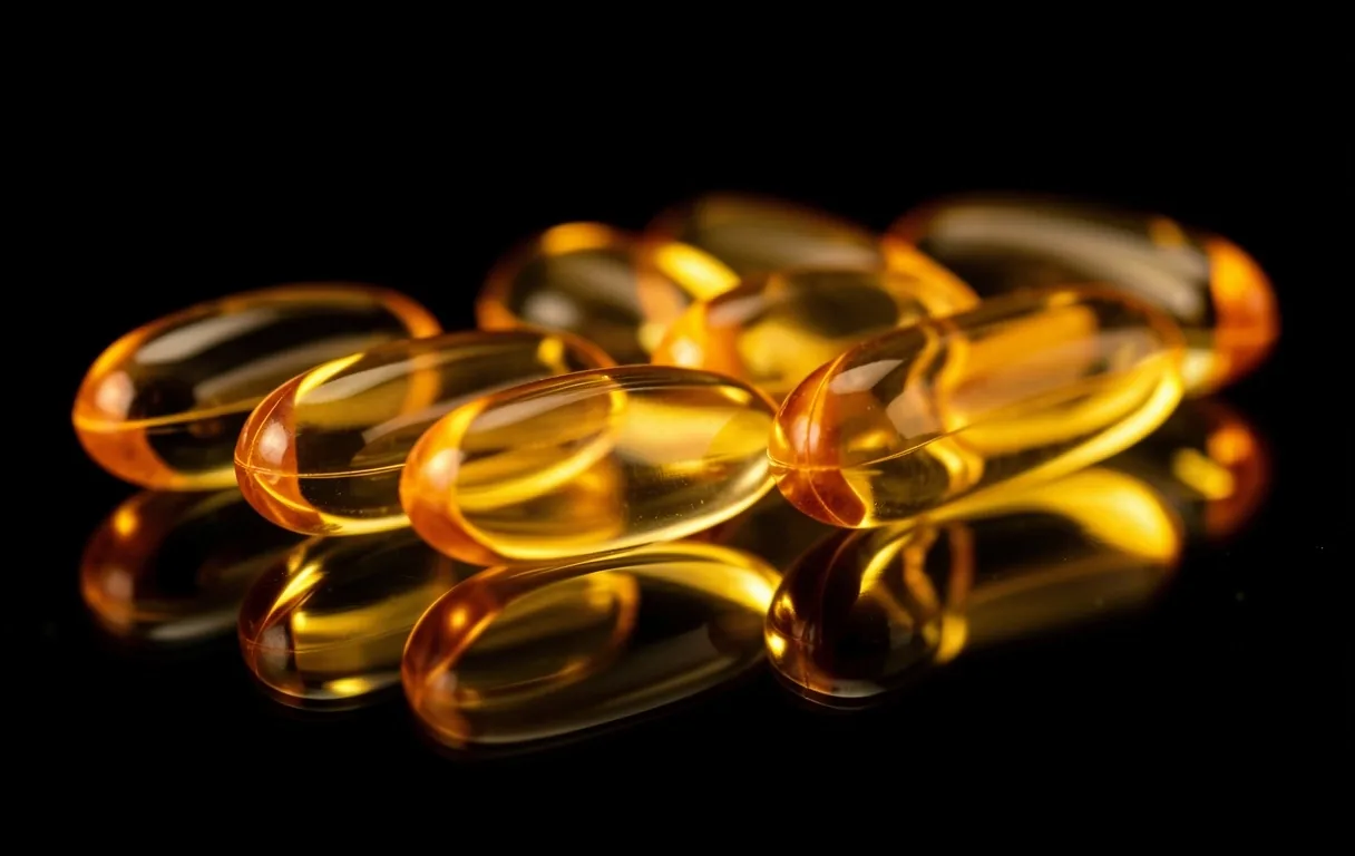CoQ10 capsules on a dark reflective surface