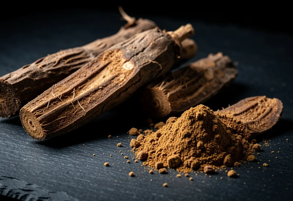 Maca root tubers on a dark surface
