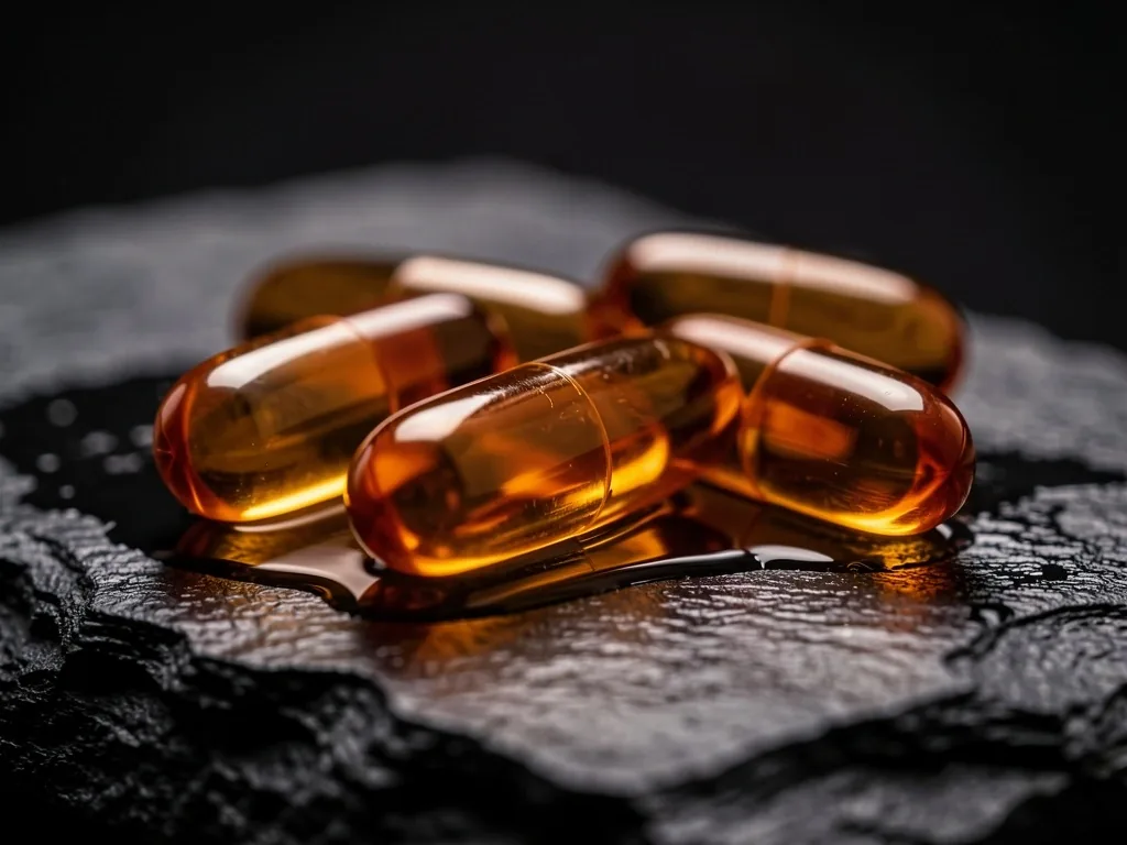 B-vitamin capsules on a dark stone surface