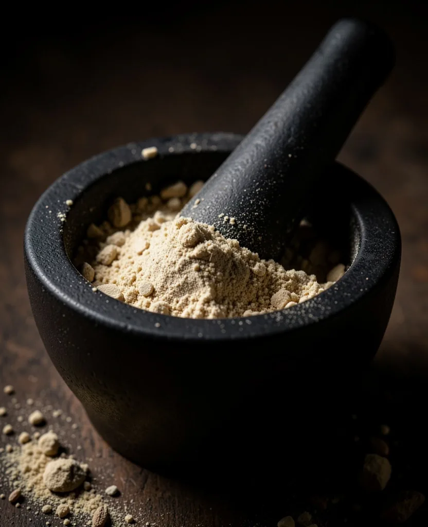 Ashwagandha root powder in a mortar