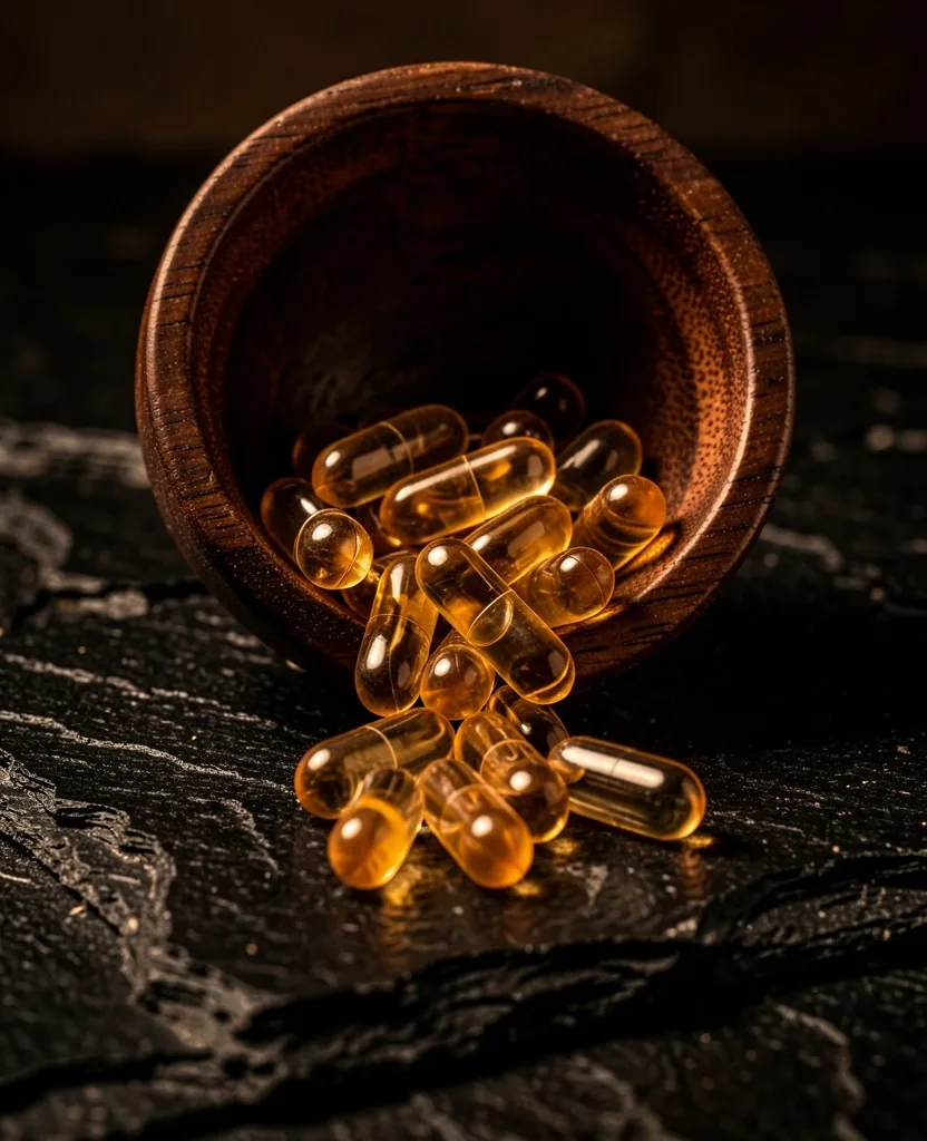 B-complex vitamin capsules on stone