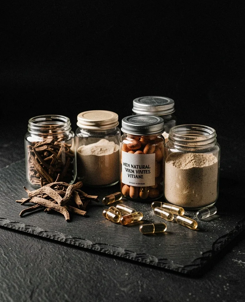 Natural vitamins and mineral supplements on dark slate