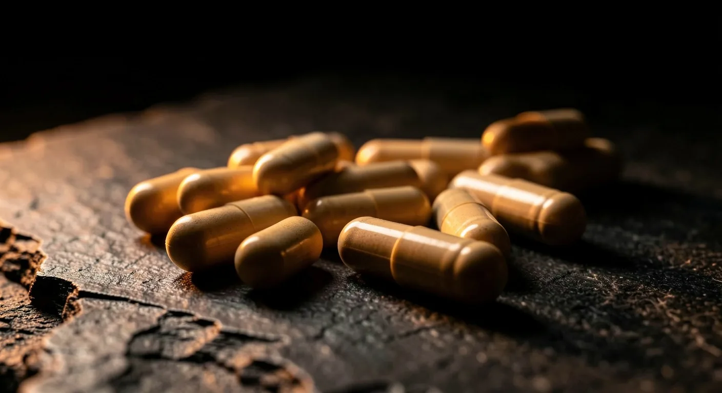Natural supplement capsules on dark stone surface